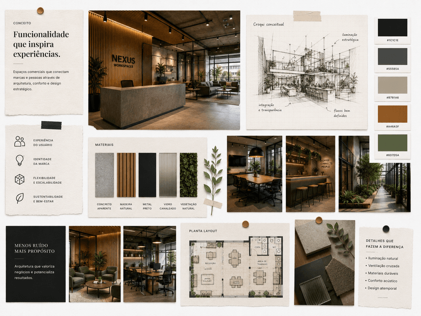 Moodboard de arquitetura comercial - exemplo de organização de referências visuais