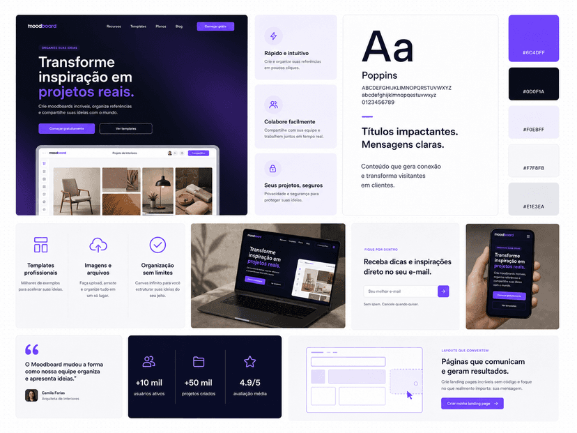 Moodboard de landing page - exemplo de organização de referências visuais