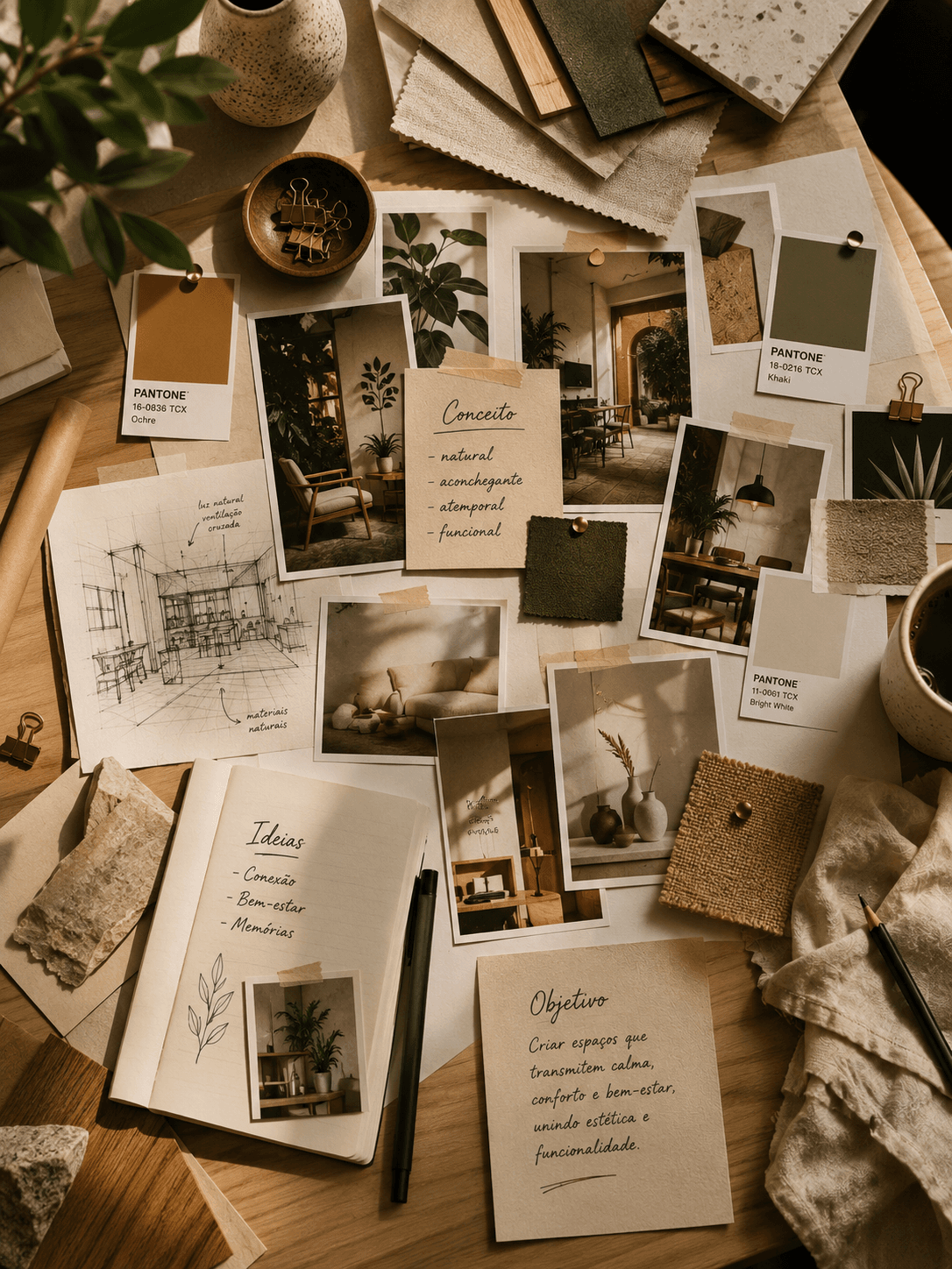 Exemplo de moodboard com referências visuais organizadas - imagens, cores e tipografia